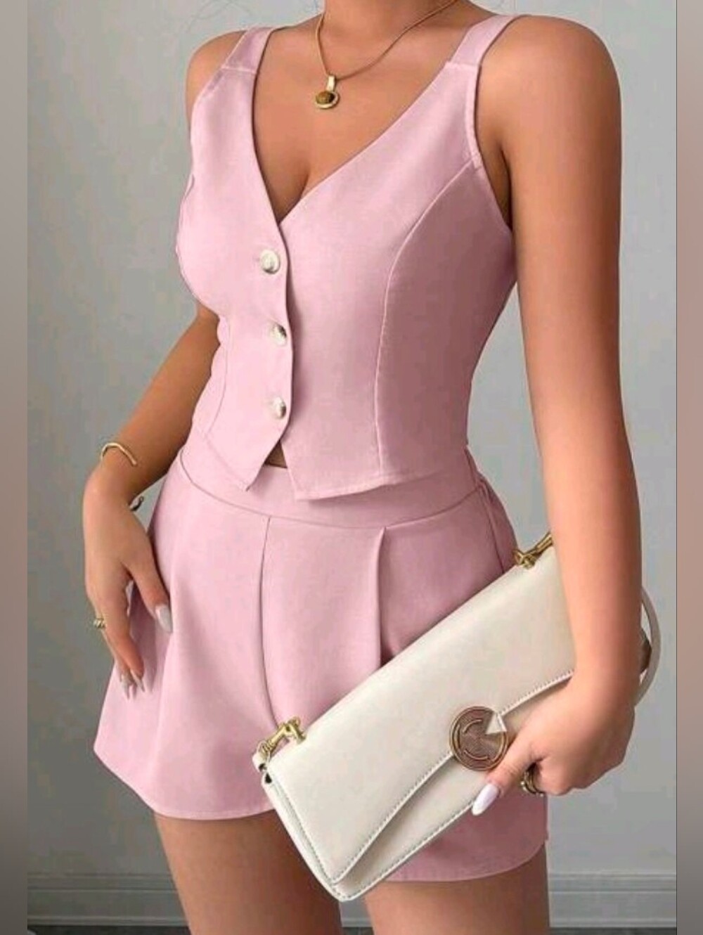 Blush Pink V-Neck Buttoned Crop Top and High-Waist Shorts Set